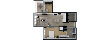 A floor plan of a house with a living room, kitchen, and bathroom.