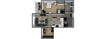 A top-down view of a modern apartment layout with a living room, kitchen, and bedroom.