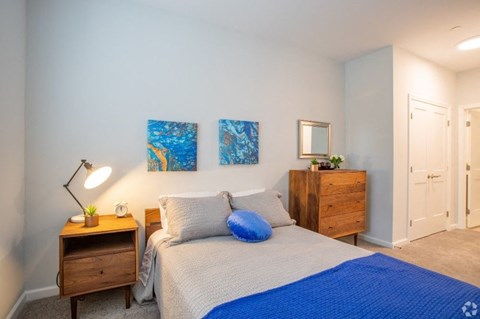 a bedroom with a bed and two dressers