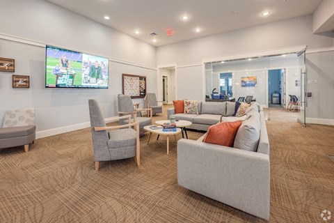 a living room with couches and chairs and a tv