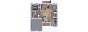 A 3D floor plan of a small apartment with a kitchen, living room, and bedroom.