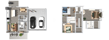 Two floor plan images of a house with a garage and a living room.