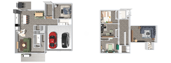 A floor plan of a two-story house with a garage and a living room with a couch and a coffee table.