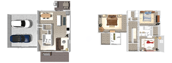 Two floor plan images of a house with a garage and a living room.