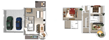 A floor plan of a two-story house with a garage and a living room with a couch and a coffee table.