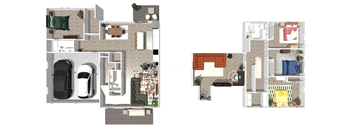 A floor plan of a two-story house with a garage on the first floor and a living area on the second floor.