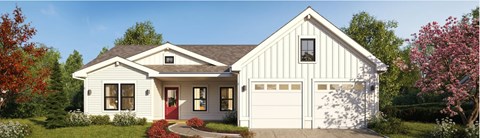 A white house with a red door and windows surrounded by greenery.