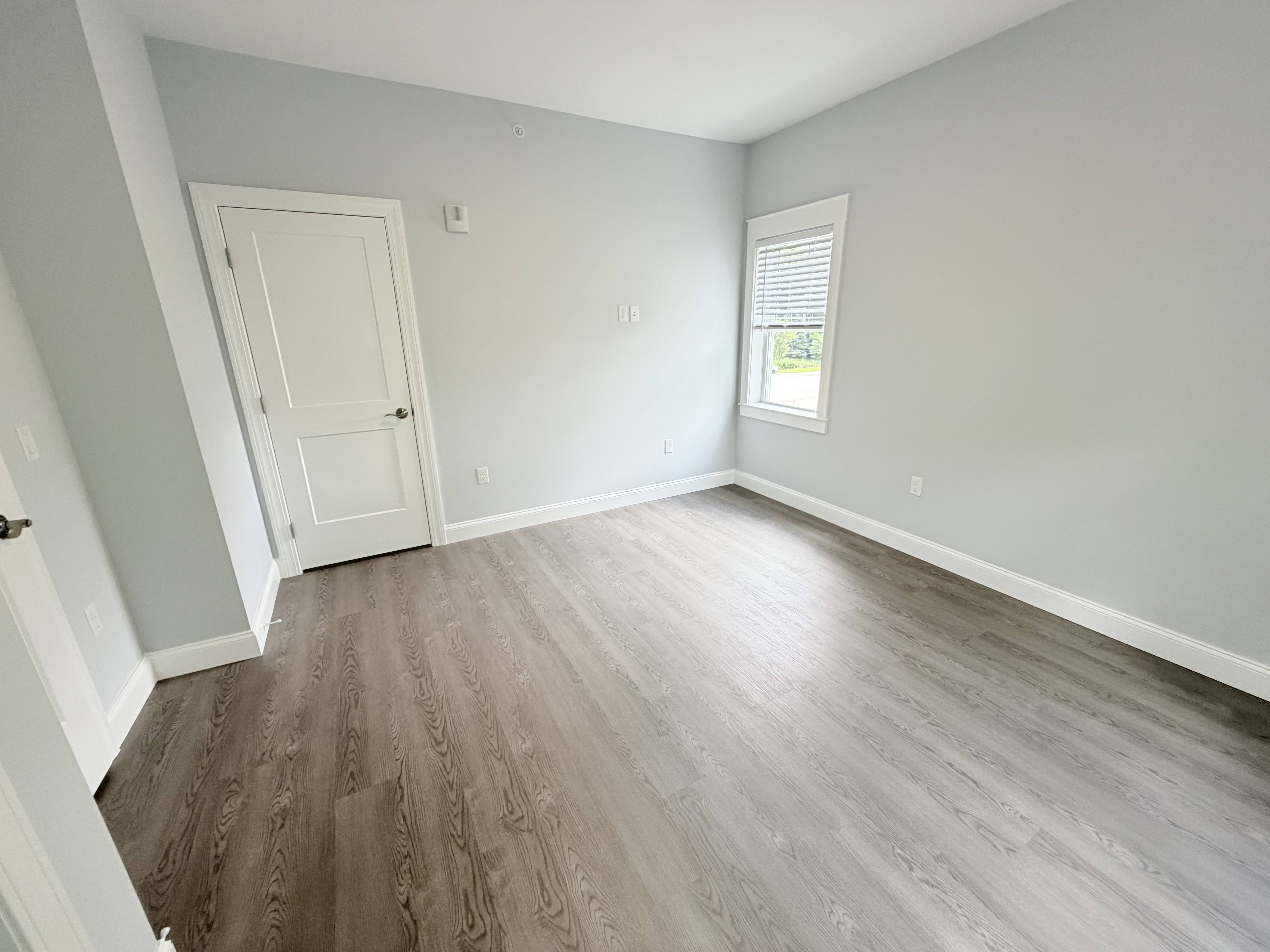 A room with a white door and a window with blinds.