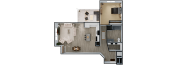 A floor plan of a modern apartment with a kitchen, living room, and bathroom.