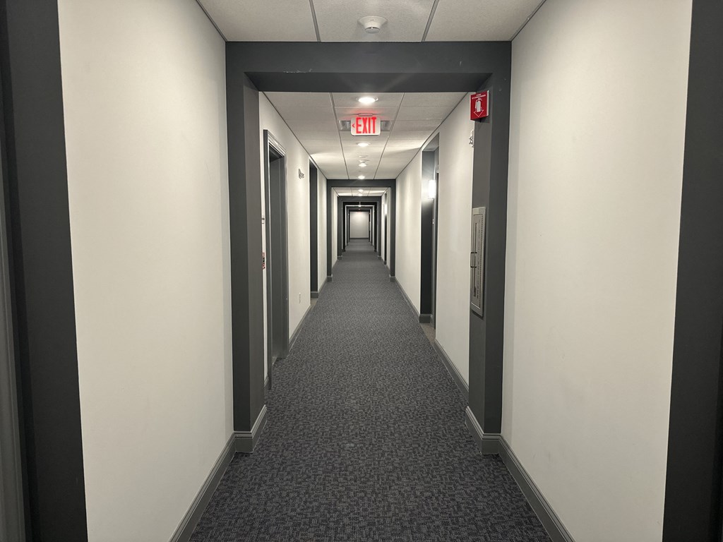 a hallway with a carpeted floor and black and white walls and a long corridor