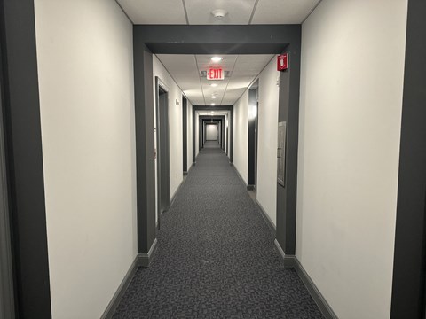 a hallway with a carpeted floor and black and white walls and a long corridor