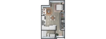 A top-down view of a small apartment with a kitchen, living room, and bathroom.