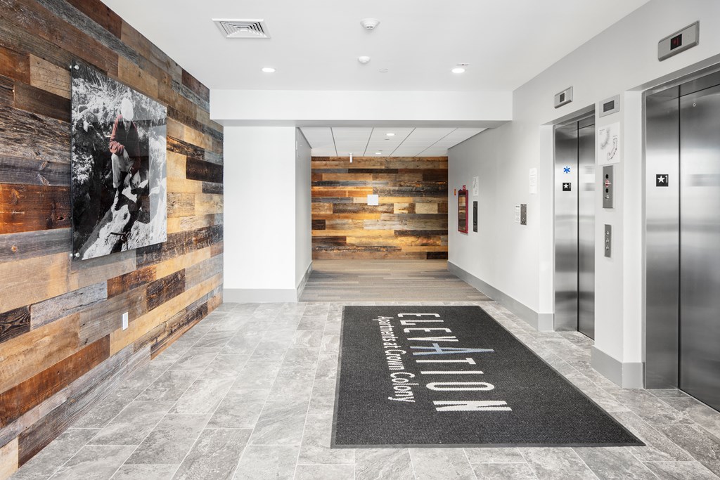 a hallway with elevators and a rug with a painting on the wall
