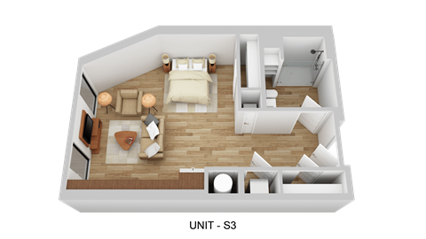 A 3D floor plan of a unit labeled S3.
