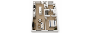 A floor plan of a small apartment with a kitchen, living room, and bedroom.