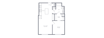 A floor plan of a small apartment with a living room, dining area, kitchen, bathroom, and bedroom.