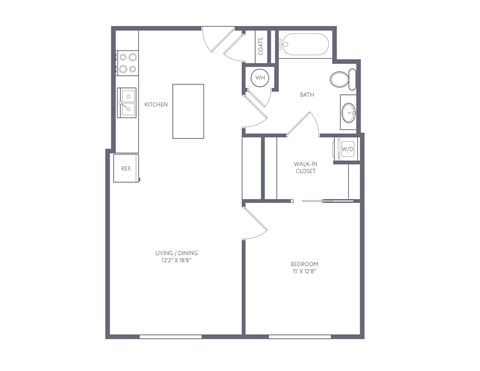 A floor plan of a small apartment with a living room, dining area, kitchen, bathroom, and bedroom.