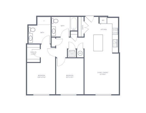 A floor plan of a house with a kitchen, living room, dining room, and two bathrooms.