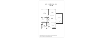 A floor plan for a 1 bedroom unit with den.