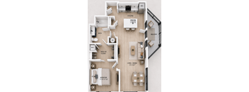 A floor plan of a small apartment with a living room, dining room, kitchen, and bathroom.