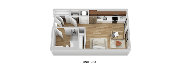 A 3D rendered image of a small apartment layout.
