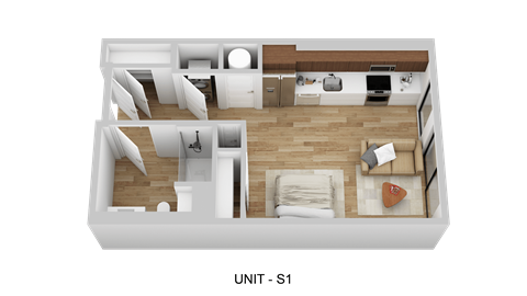 A 3D rendered image of a small apartment layout.