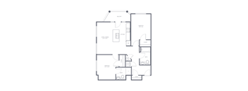 A floor plan of an apartment with a balcony, kitchen, living room, two bathrooms, and a closet.