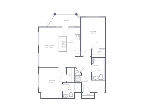A floor plan of an apartment with a balcony, kitchen, living room, two bathrooms, and a closet.