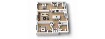 A top-down view of a modern apartment layout with a living room, kitchen, and two bedrooms.