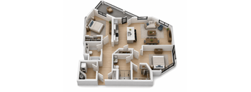 A 3D floor plan of a house with multiple rooms and furniture.
