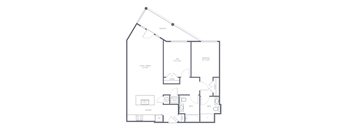 A floor plan of a house with a kitchen, living room, dining room, and two bathrooms.