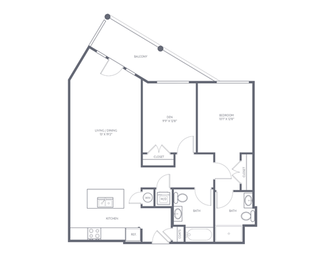 A floor plan of a house with a kitchen, living room, dining room, and two bathrooms.