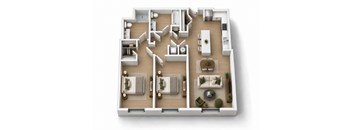 A top-down view of a house layout with multiple rooms and furniture.