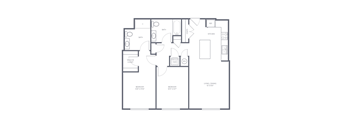 A floor plan of a house with a kitchen, living room, dining room, and two bathrooms.