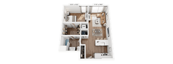 A floor plan of a small apartment with a kitchen, living room, and one bedroom
