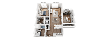 A 3D floor plan of an apartment with dimensions and labeled rooms.