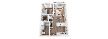 A floor plan of a small apartment with a kitchen, living room, and bathroom.