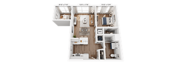 A 3D floor plan of a small apartment with a living room, kitchen, and bedroom.