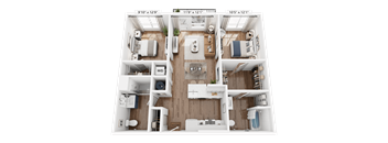 A 3D floor plan of an apartment with dimensions 9'10" x 12'9" and 11'9" x 12'1" with a living room, kitchen, and two bedrooms