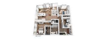 A 96" x 121" floor plan of a small apartment with a living room, kitchen, and two bedrooms.