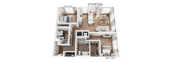 A detailed 3D floor plan of a two-bedroom apartment.