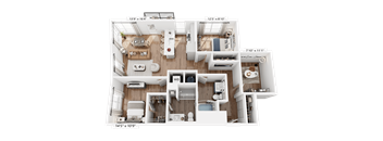 A floor plan of a two-bedroom apartment with a living room, kitchen, and bathroom.
