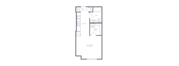 A floor plan of a small apartment with a living room, kitchen, and bathroom.