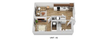 A 3D floor plan of a small apartment layout.