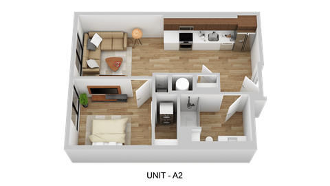 A 3D floor plan of a small apartment layout.