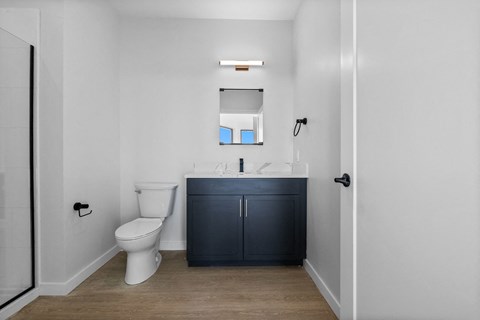 A white toilet sits next to a sink in a small bathroom.