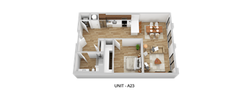 A 3D rendered image of a floor plan for apartment unit A23.