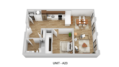 A 3D rendered image of a floor plan for apartment unit A23.