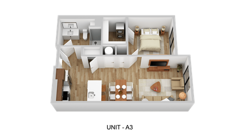 A 3D floor plan of a unit labeled A3.