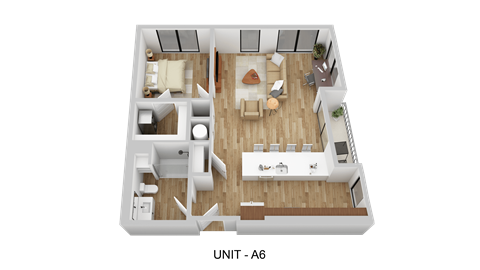 A 3D floor plan of a unit labeled A6.